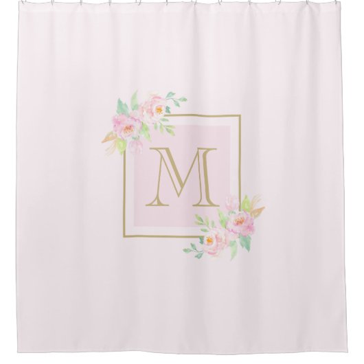 Rosa Peony Custom Monogram Duschvorhang (Vorderseite)