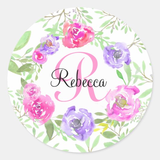 Rosa Peony Floral Watercolor Monogram Runder Aufkleber (Vorderseite)
