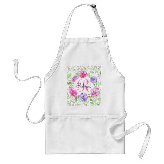 Rosa Peony Floral Watercolor Monogram Schürze (Vorne)
