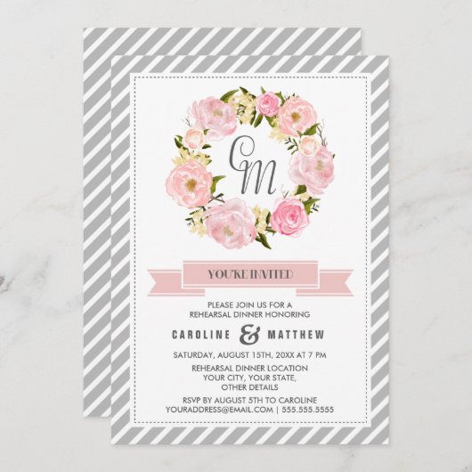 Rosa Peony Wreath Probe Dinner Einladung (Vorne/Hinten)