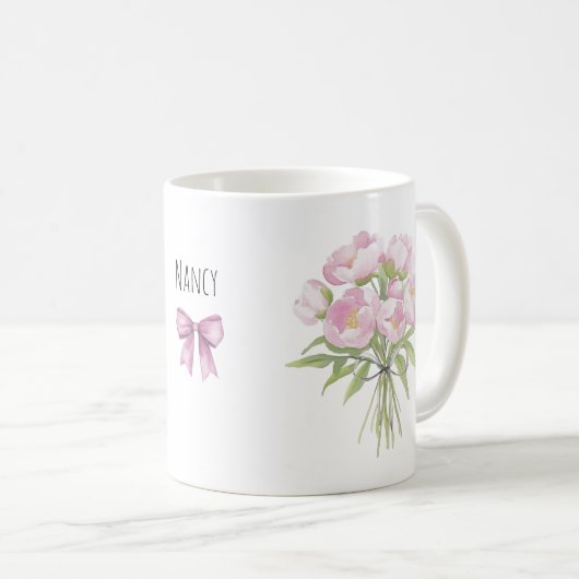 Rosa Peonys mit Bow-Keramik Kaffeetasse (VorderseiteRechts)