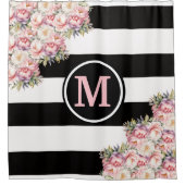 Rosa Peonys Schwarz und Weiß Streifen Monogramm Duschvorhang (Vorderseite)