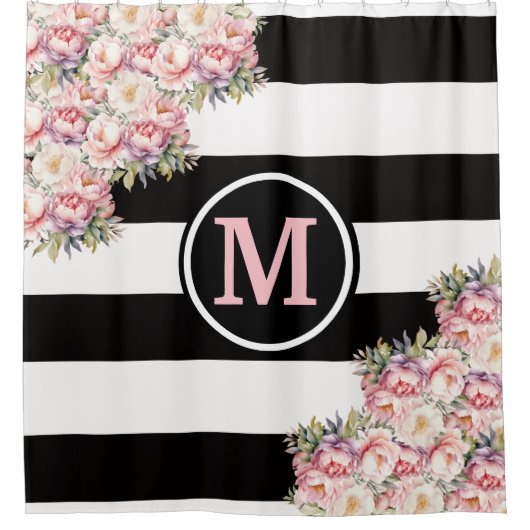 Rosa Peonys Schwarz und Weiß Streifen Monogramm Duschvorhang (Vorderseite)