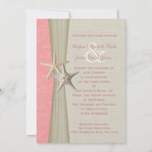 Rosa Pergament und Hochzeit am Strand von Starfish Einladung (Rückseite)