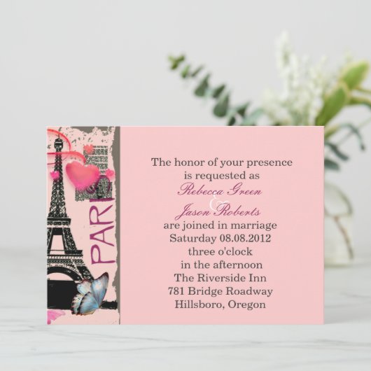 Rosa Periseiffturm Hochzeit in Urlaubsort Einladung (Stehend Vorderseite)