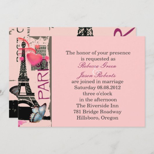 Rosa Periseiffturm Hochzeit in Urlaubsort Einladung (Vorne/Hinten)