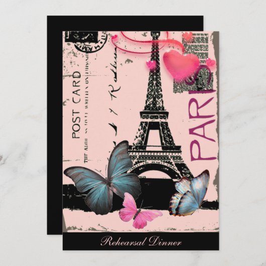 Rosa Periseiffturm Hochzeit in Urlaubsort Einladung (Vorne/Hinten)