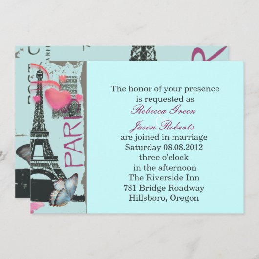 Rosa Periseiffturm Hochzeit in Urlaubsort Einladung (Vorne/Hinten)