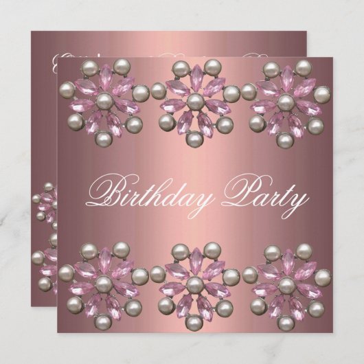 Rosa Perle und Gem Birthday Einladung (Vorne/Hinten)