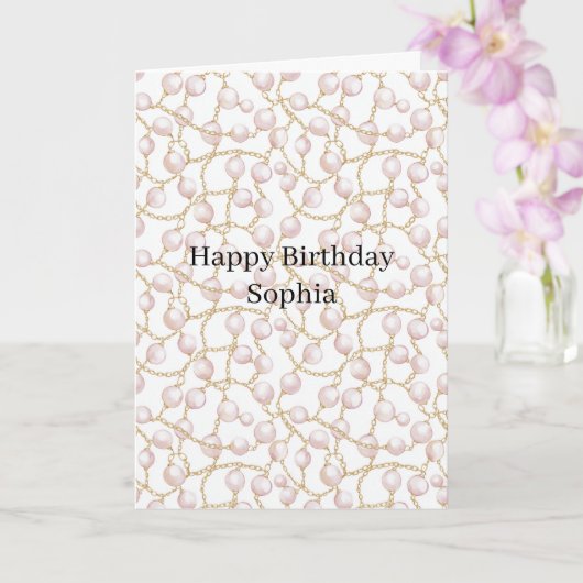 Rosa Perlen Goldkette Geburtstag Karte (Orchidee)