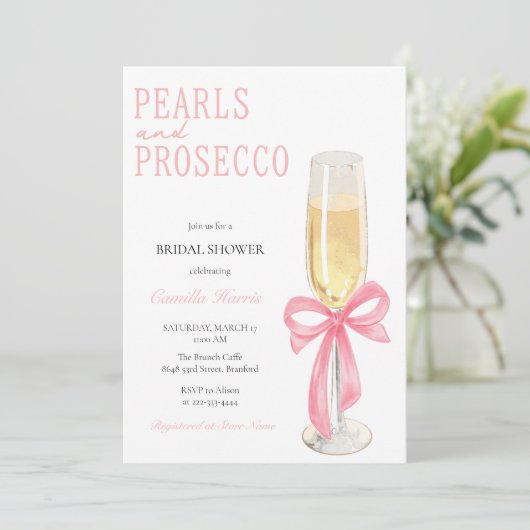 Rosa Perlen & Prosecco Minimales Brautparty Einladung (Stehend Vorderseite)