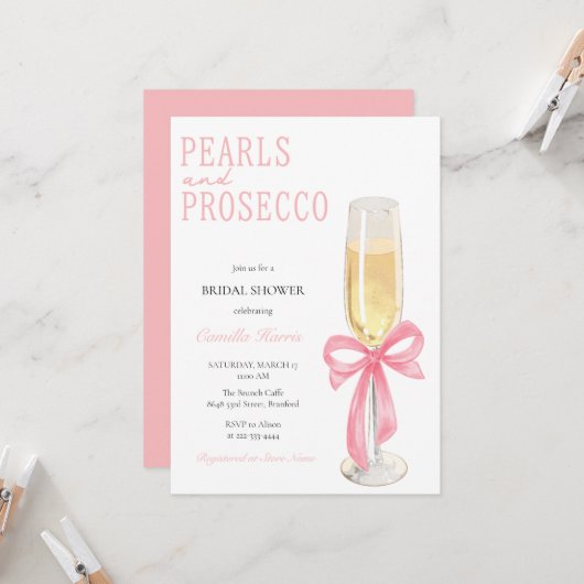 Rosa Perlen & Prosecco Minimales Brautparty Einladung (Vorderseite/Rückseite Beispiel)