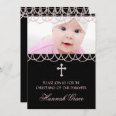 Rosa Perlen Rosa und Schwarzes Christening Einladung (Vorne/Hinten)