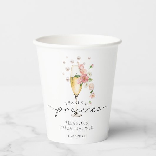 Rosa Perlen und Prosecco Brautparty Pappbecher (Vorderseite)