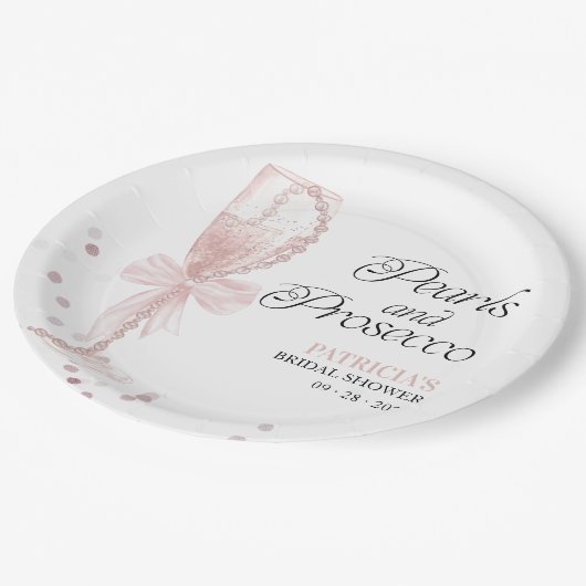 Rosa Perlen und Prosecco-Brautparty Pappteller (Schrägansicht)