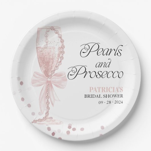 Rosa Perlen und Prosecco-Brautparty Pappteller (Vorderseite)