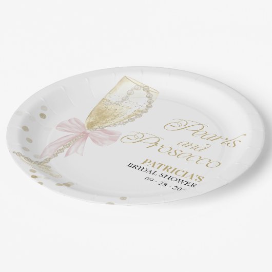 Rosa Perlen und Prosecco-Brautparty Pappteller (Schrägansicht)