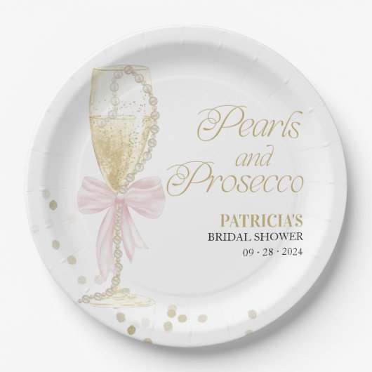 Rosa Perlen und Prosecco-Brautparty Pappteller (Vorderseite)