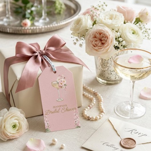 Rosa Perlen und Prosecco Willkommensschild Geschenkanhänger