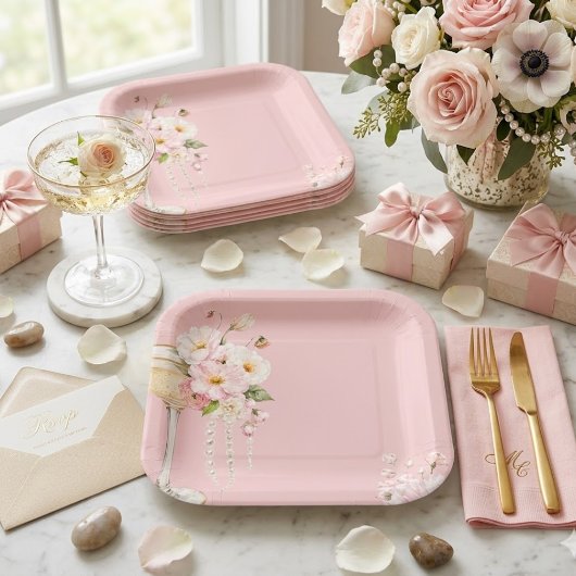 Rosa Perlen und Prosecco Willkommensschild Pappteller