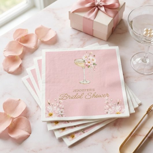 Rosa Perlen und Prosecco Willkommensschild Serviette