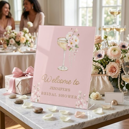Rosa Perlen und Prosecco Willkommensschild Sockelschild