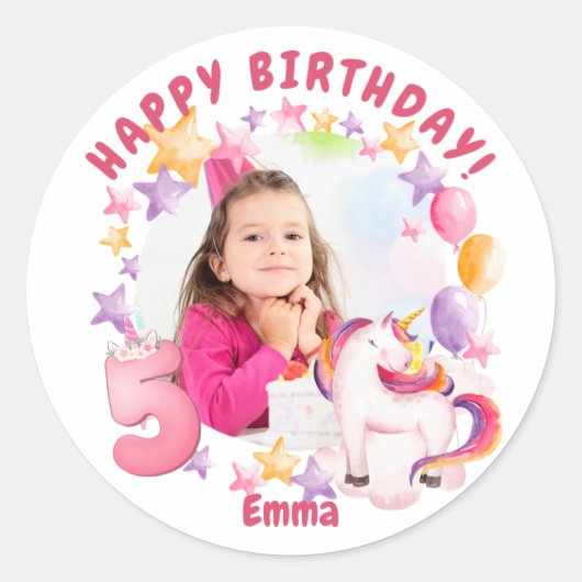 Rosa Personalisiertes Einhorn 5th Birthday Girl Runder Aufkleber (Vorderseite)