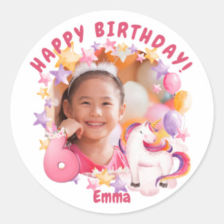 Rosa Personalisiertes Einhorn 6th Birthday Girl Runder Aufkleber