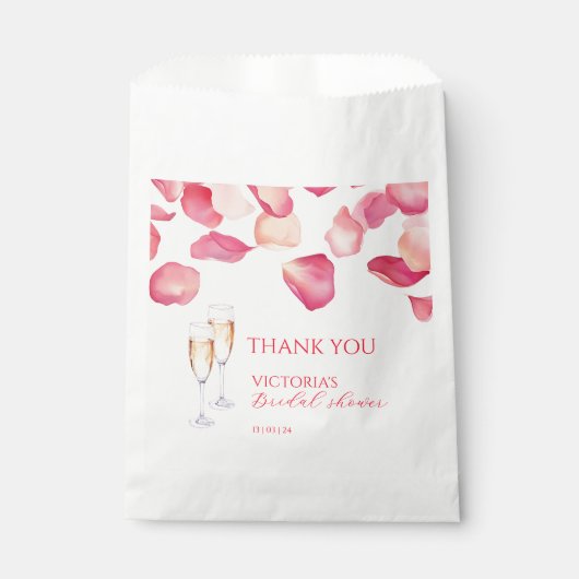 Rosa Petalen und Prosecco-Brautparty Geschenktütchen (Vorderseite)