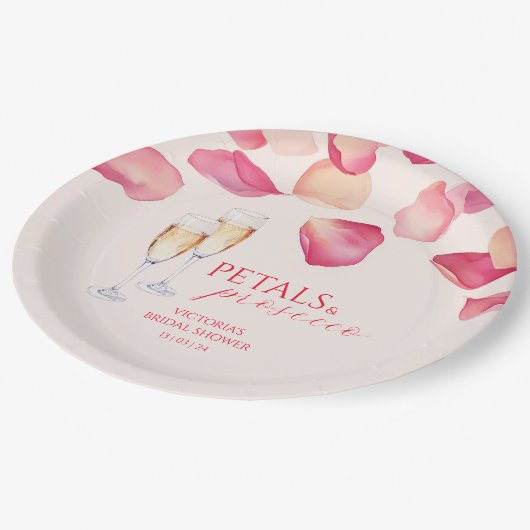 Rosa Petalen und Prosecco-Brautparty Pappteller (Schrägansicht)