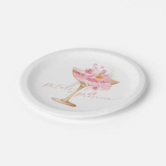 Rosa Petalen und Prosecco Brautparty Pappteller (Schrägansicht)
