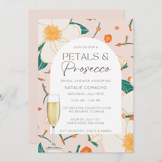 Rosa Petalen und Prosecco-Brautparty-Party Einladung (Vorne/Hinten)