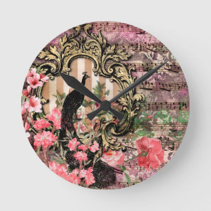 Rosa Pfauen Pfau Französische Acryl-Wanduhr Runde Wanduhr