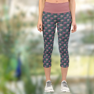 Rosa Pfauenfedern Hübsches Muster Blaugrün Capri Leggings