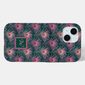 Rosa PfauenFedern und Monogramm auf Grün Case-Mate iPhone Hülle (Rückseite (Horizontal))