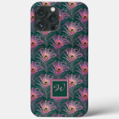 Rosa PfauenFedern und Monogramm auf Grün Case-Mate iPhone Hülle (Rückseite)