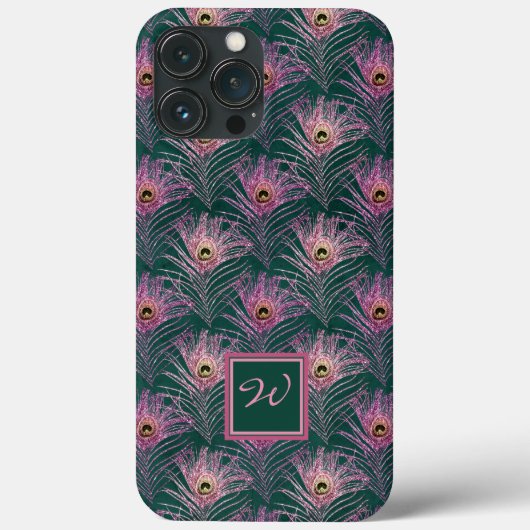 Rosa PfauenFedern und Monogramm auf Grün Case-Mate iPhone Hülle (Rückseite)