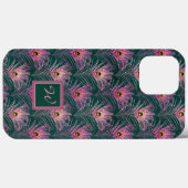 Rosa PfauenFedern und Monogramm auf Grün Case-Mate iPhone Hülle (Rückseite (Horizontal))