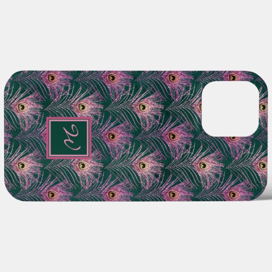 Rosa PfauenFedern und Monogramm auf Grün Case-Mate iPhone Hülle (Rückseite (Horizontal))
