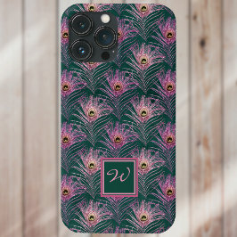 Rosa PfauenFedern und Monogramm auf Grün Case-Mate iPhone Hülle