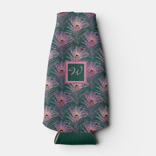 Rosa PfauenFedern und Monogramm auf Grün Flaschenkühler (Vorderseite)