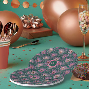 Rosa PfauenFedern und Monogramm auf Grün Pappteller