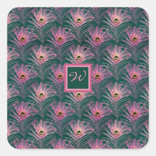 Rosa PfauenFedern und Monogramm auf Grün Quadratischer Aufkleber