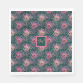 Rosa PfauenFedern und Monogramm auf Grün Serviette (Vorderseite)