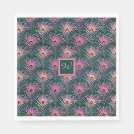 Rosa PfauenFedern und Monogramm auf Grün Serviette