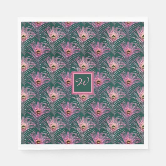 Rosa PfauenFedern und Monogramm auf Grün Serviette (Vorderseite)