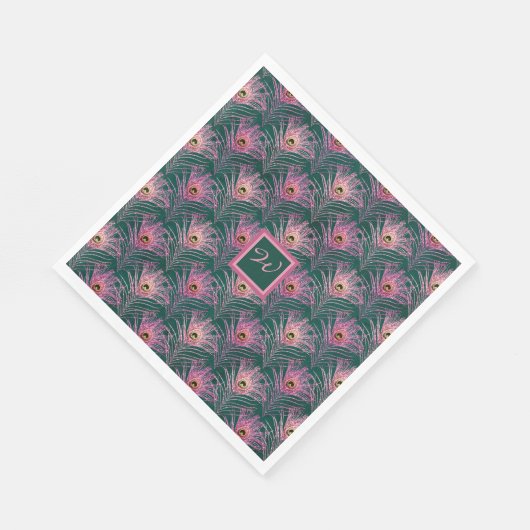 Rosa PfauenFedern und Monogramm auf Grün Serviette (Ecke)