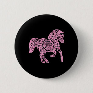 Rosa Pferd Mandala T Shirt für Reiten Button