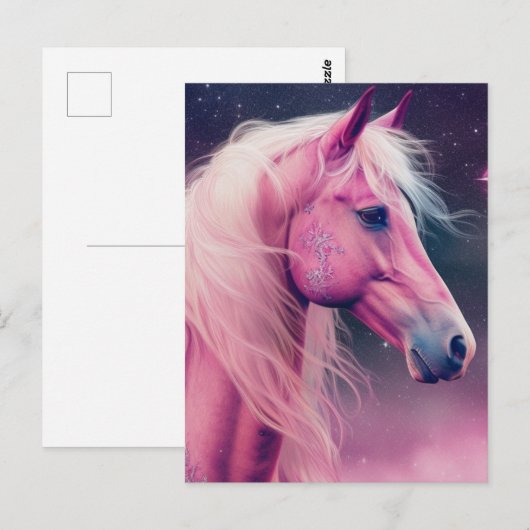 Rosa Pferd und Sterne Postkarte (Vorne/Hinten)