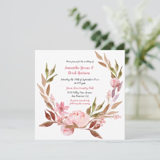 Rosa Pfingsteine, Wildblumen, Hochzeit des Grünkra Einladung (Stehend Vorderseite)